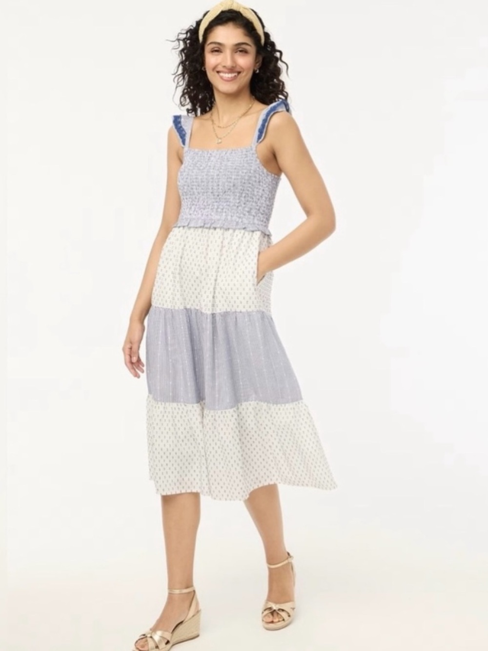 J. Crew Smocked Tiered Maxi Dress in Light Blue and White - Picture 2 of 6